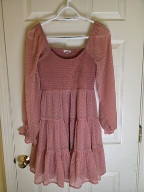 Blush Lace Long Sleeve Swiss Dot Tiered Dress - Pink